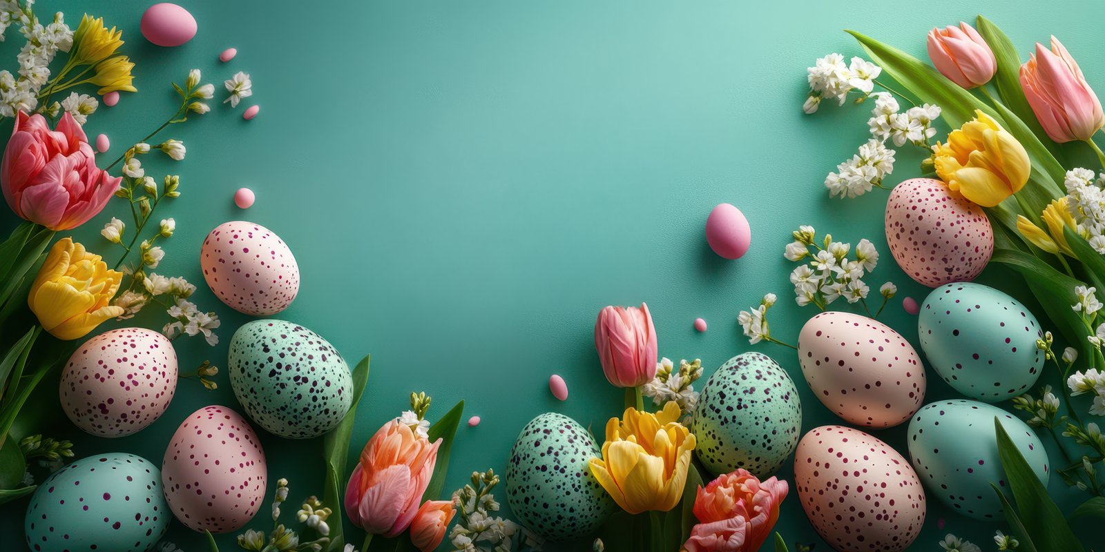 Colorful Easter eggs surrounded by vibrant flowers on a teal background create a festive atmosphere for spring celebrations